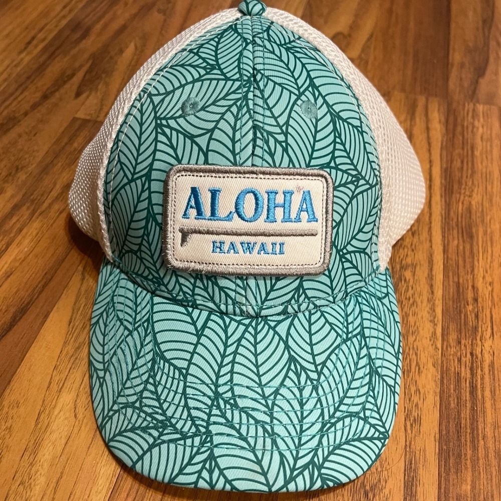 Fashion Code Aloha Hawaii Trucker Hat Mens OS Teal White Tropical Leaf Snapback